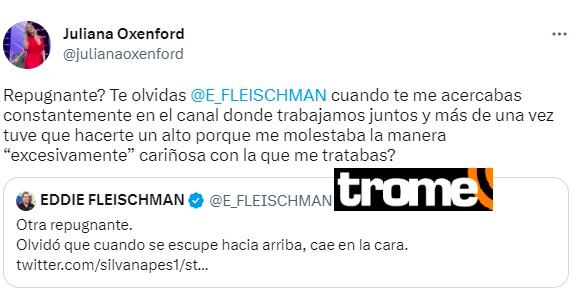 Juliana Oxenford responde a Eddie Fleischman por llamarla "repugnante". Foto: Trome