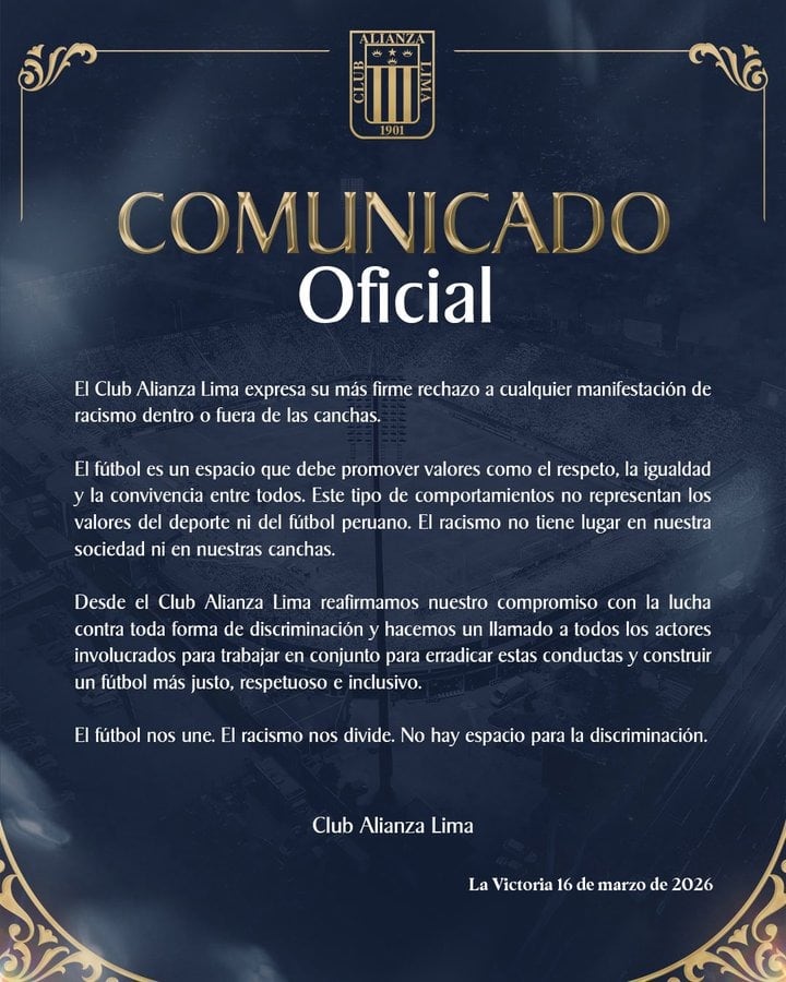 El comunicado de Alianza Lima en contra del racismo. (Imagen: Alianza Lima)