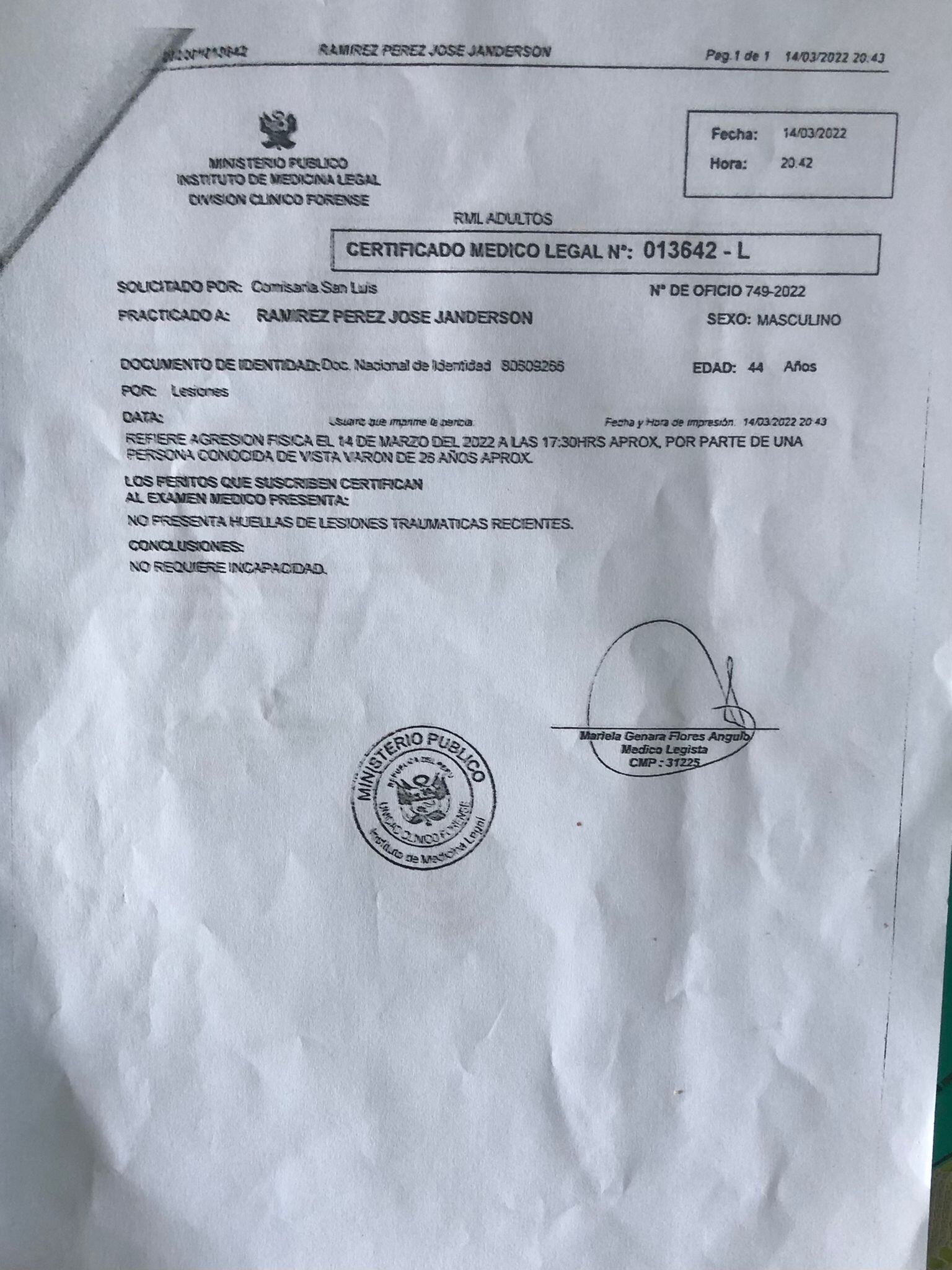 Informe del médico legista confirma que el agredido fue Alonso Wong. Foto: Captura.