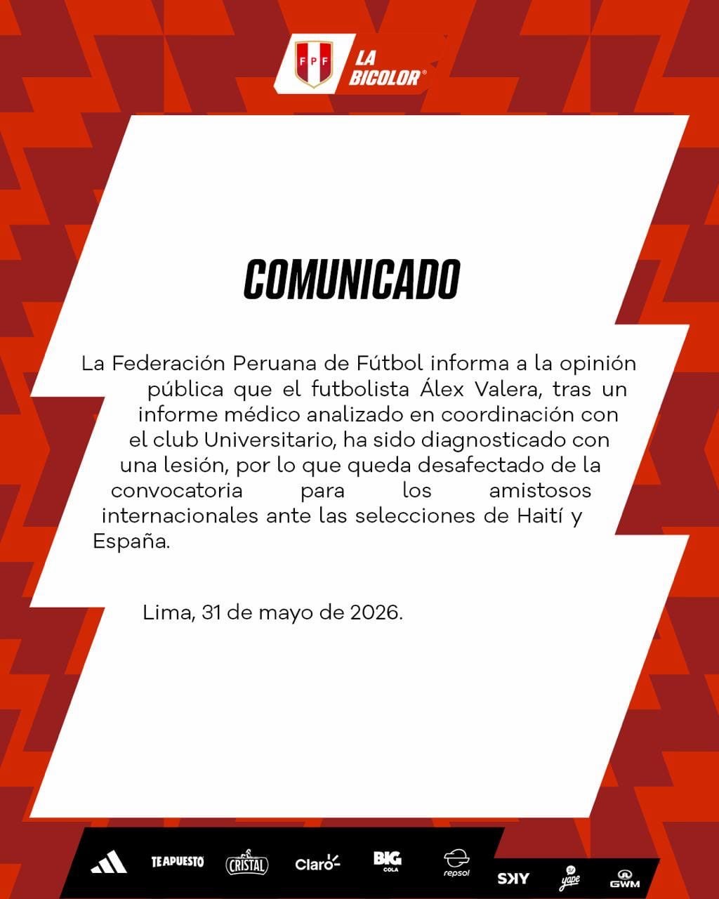 Comunicado de la Selección Peruana sobre la desconvocatoria de Alex Valera. (Foto: FPF)
