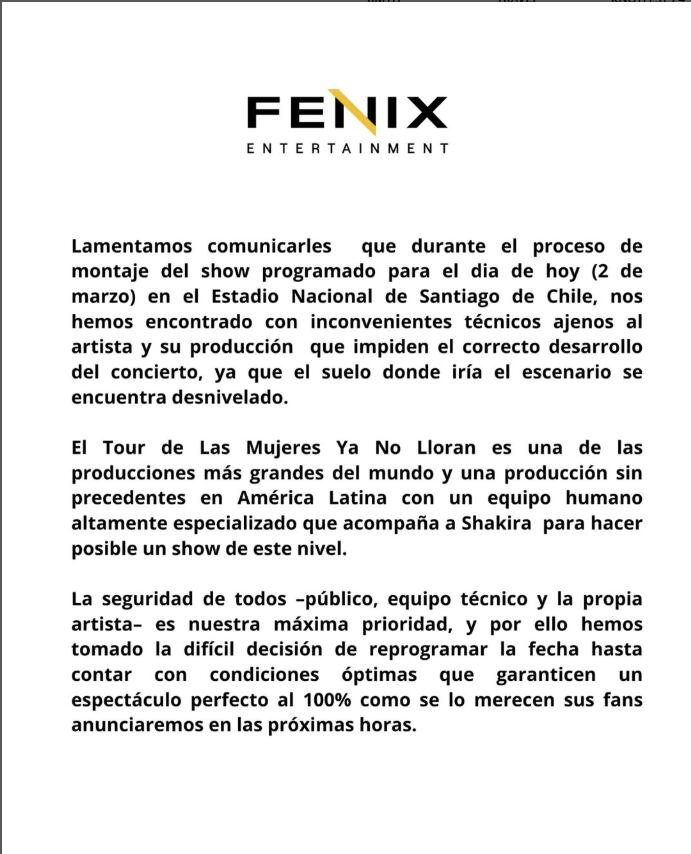 Productora del evento anunció la suspensión del concierto que Shakira iba a brindar este domingo 2 de marzo en Chile. (Instagram)