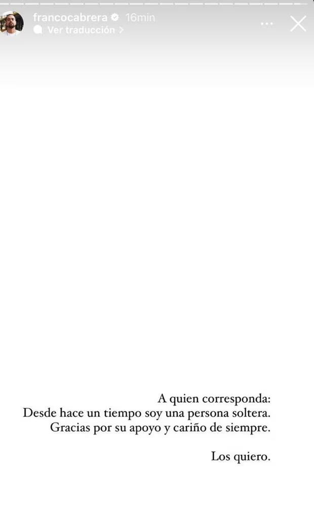 Comunicado de Franco Cabrera. (Foto: Instagram)