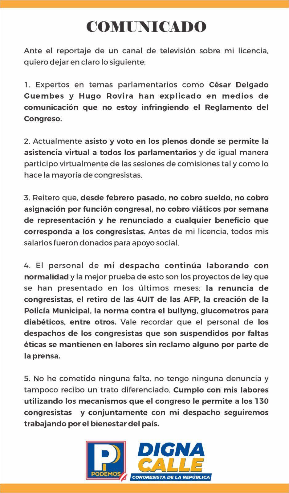 comunicado de Digna Calle.