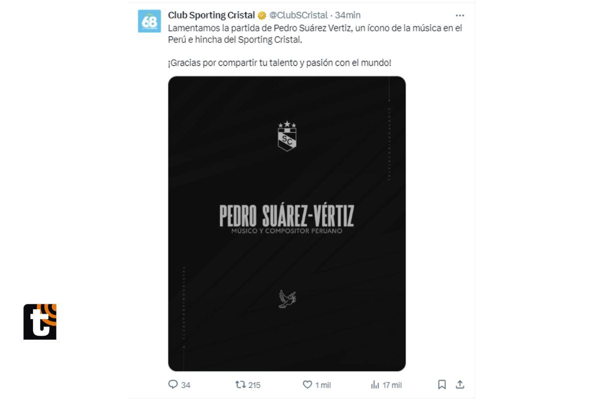 Equipo reconoció a Pedro Suárez Vértiz entre sus seguidores (@ClubSCristal)
