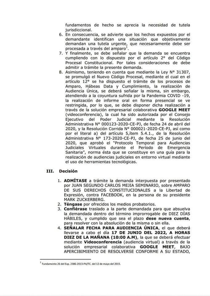 Juzgado de Piura admite acción de amparo contra Mark Zuckerberg de Facebook. Foto: Captura