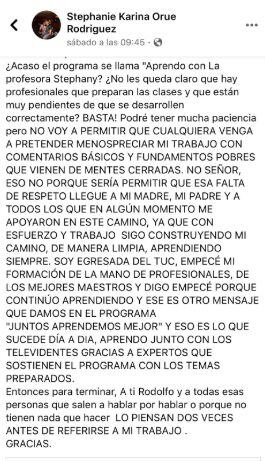 Stephanie Orúe explota contra las críticas por su participación en 'Aprendo en casa'. (Facebook)