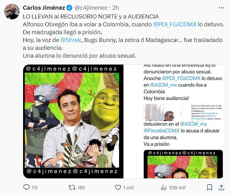 Carlos Jiménez reveló que Alfonso Obregón fue detenido por presunto abuso sexual | Foto: Twitter - X (Captura)