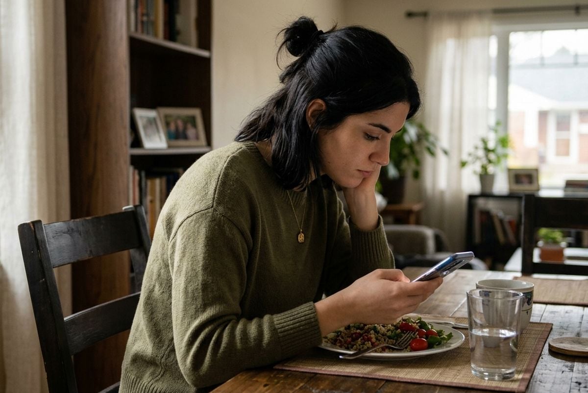 Mirar el celular mientras comemos tiene un efecto negativo en nuestro cuerpo.(Crédito: Imagen referencial creada por Trome usando la IA de Gemini)