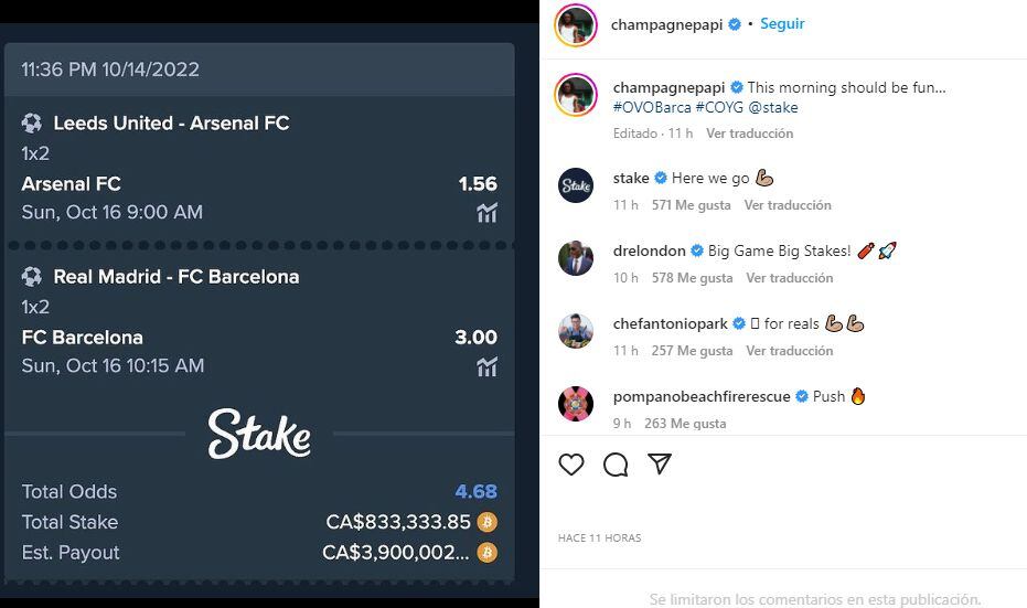 La apuesta que hizo Drake para dos partidos de este domingo. (Foto: @champagnepapi / Instagram)