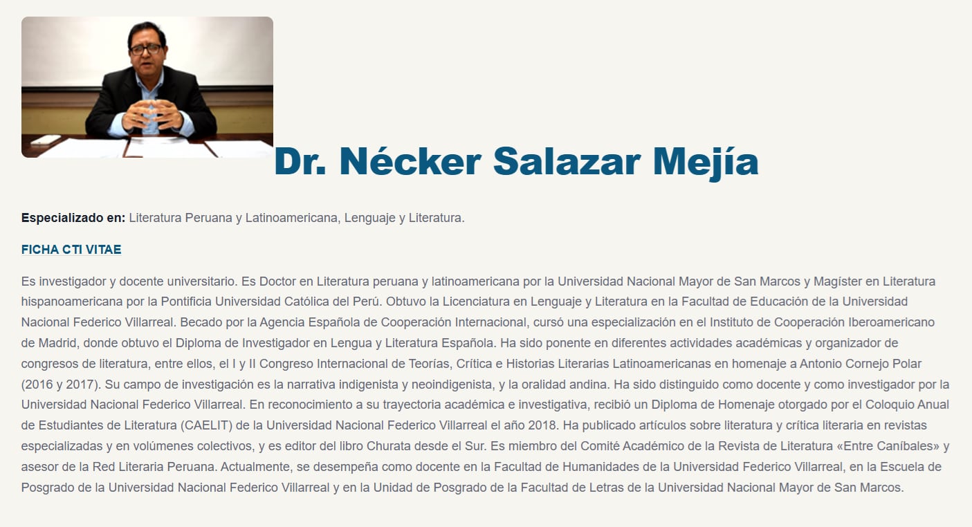 El docente Nécker Salazr Mejía tenía amplia trayectoria, la misma que era destacada por la UNFV en su portal institucional.