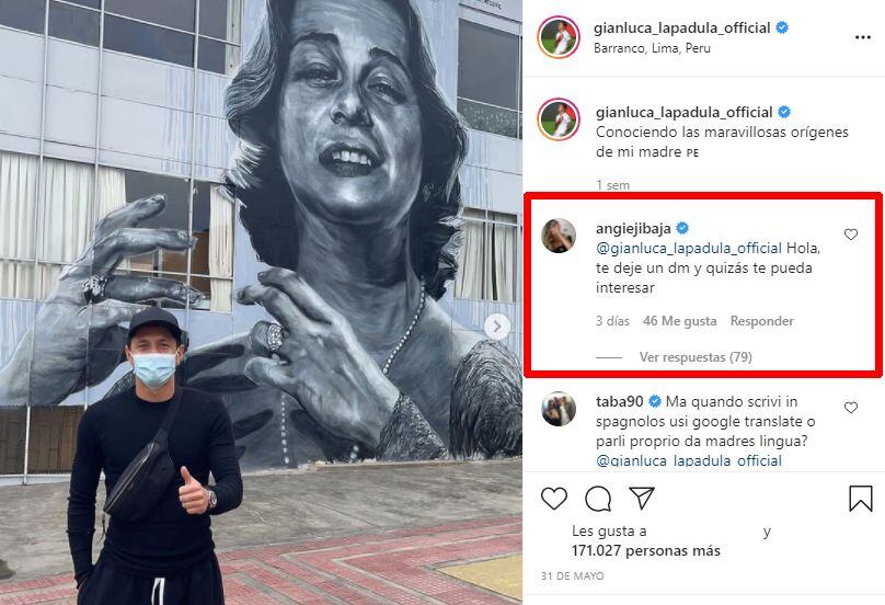 Este fue el comentario de Angie Jibaja en la foto de Gianluca Lapadula. (Foto: Captura de IG)