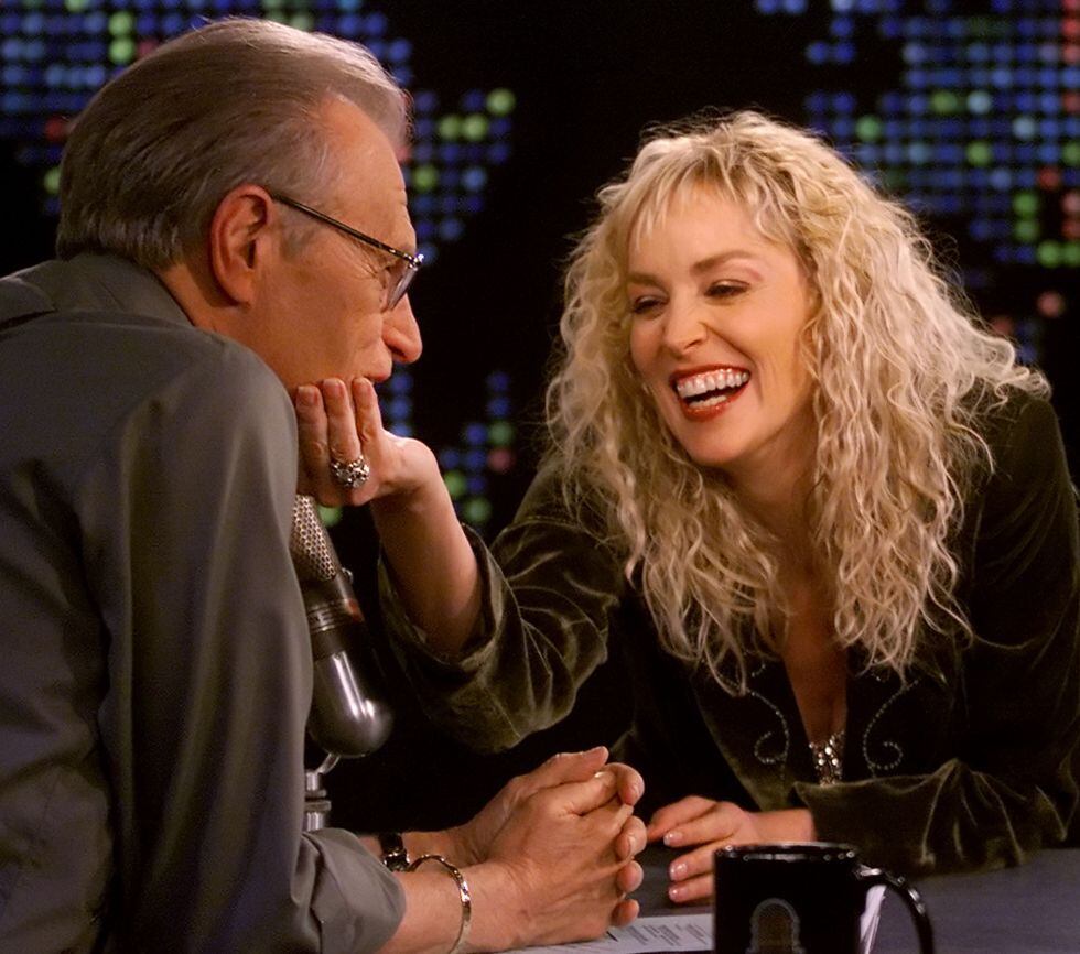 FILE - In this Oct. 17, 2005 file photo provided by CNN, actress Sharon Stone, right, greets talk show host Larry King on the CNN's "Larry King Live" at the CNN studios in Los Angeles. After 25 years of "Larry King Live," Larry King will hang up his suspenders with his last broadcast on Thursday, Dec. 16, 2010. (AP Photo/CNN, Rose M. Prouser) NO SALES