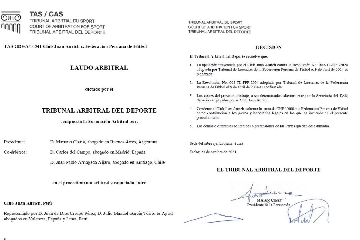 Mira el fallo del TAS sobre reclamo de Juan Aurich (@TAS)