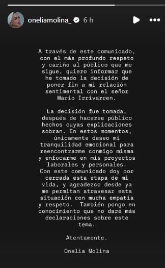 Comunicado de Onelia Molina