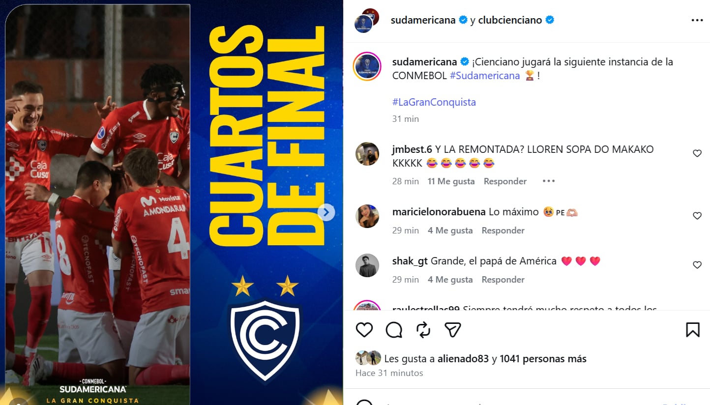 Cienciano clasifica a 'cuartos' de final de la Copa Sudamericana 2026.