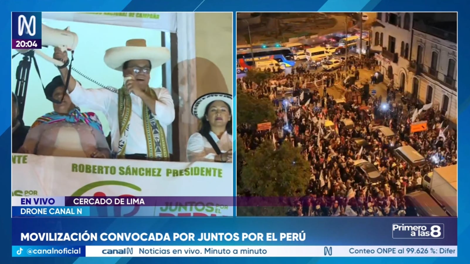 Roberto Sánchez se dirige a sus simpatizantes de Juntos por el Perú tras marcha.