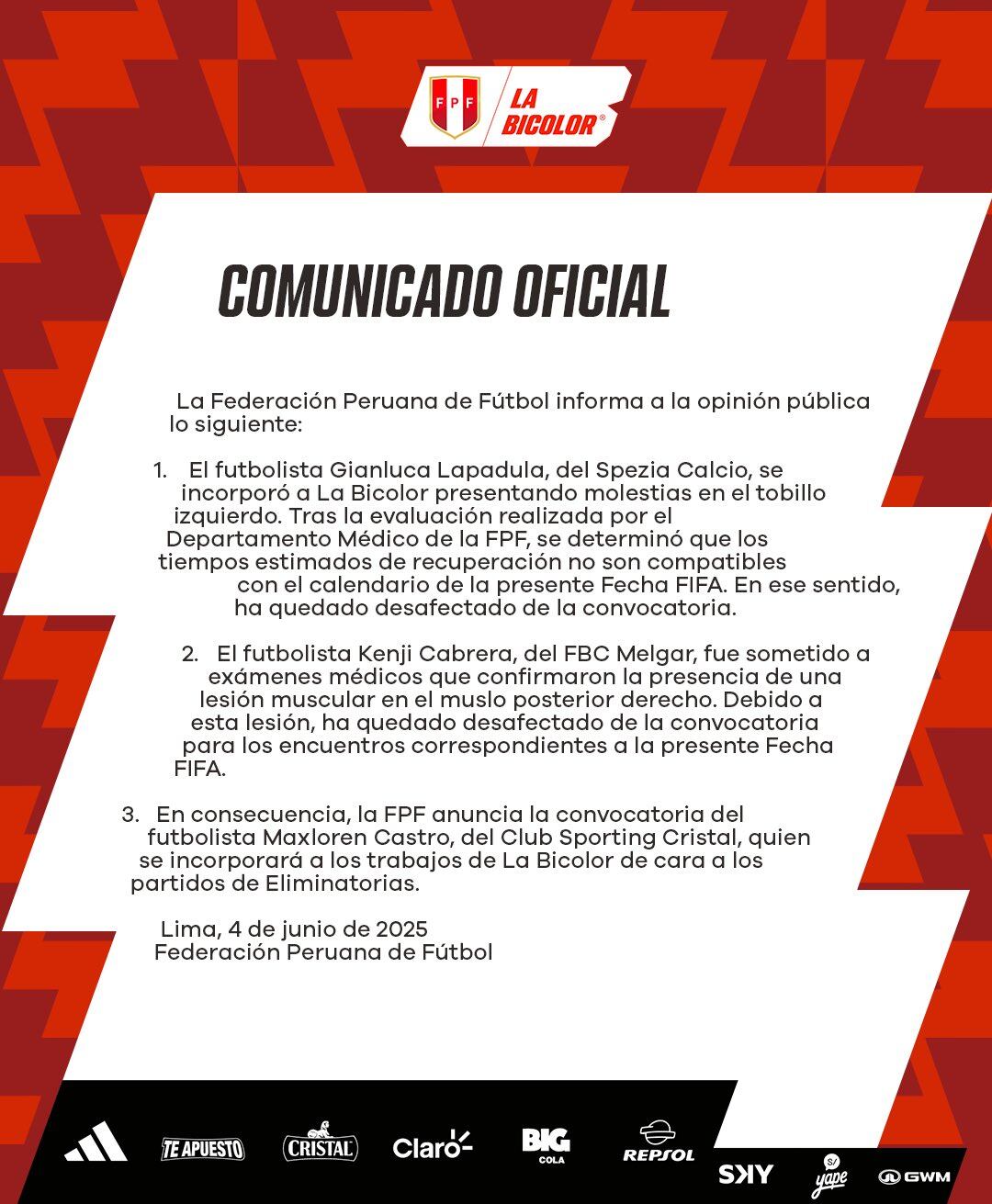 Comunicado de Selección Peruana sobre desconvocados. (Foto: FPF)