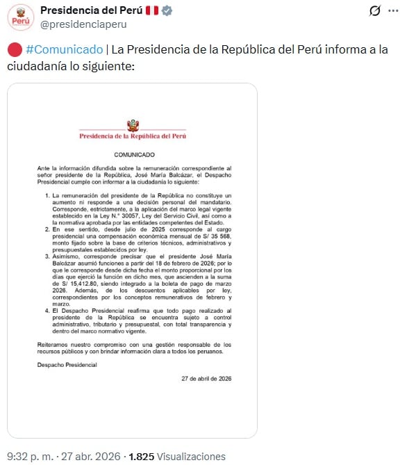 Publicación de la Presidencia del Perú en su cuenta de Twitter, sobre el sueldo que recibe José María Balcázar.