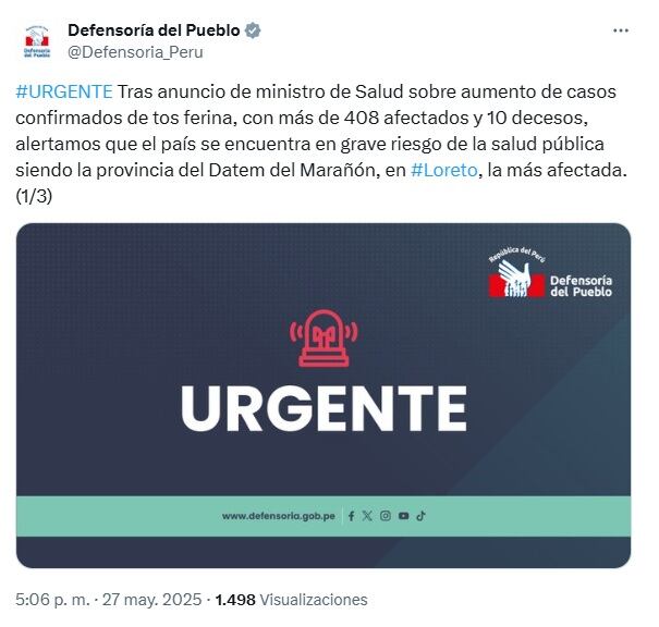 Defensoría del Pueblo se pronuncia por los casos de tos ferina.