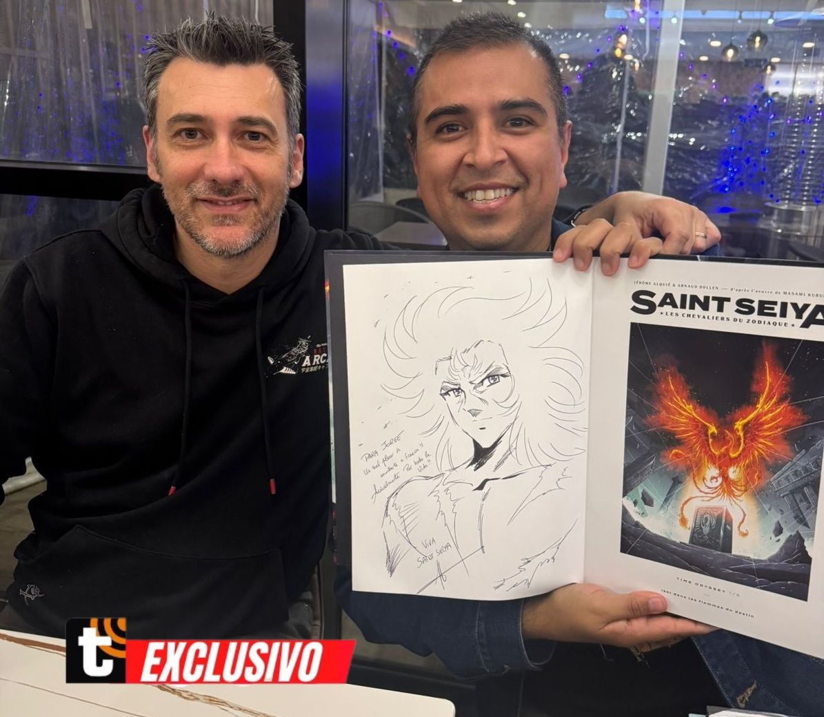 Jorge Vásquez Flores, conocido como 'Jorge de Pegaso', finalmente conoció en persona al dibujante francés Jerome Alquie, quien le dio la nacionalidad peruana al maestro de Ikki de Fénix. (Foto: Jorge Vásquez)