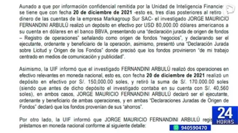 movimientos inusuales en las cuentas de Mauricio Fernandini en 2021.