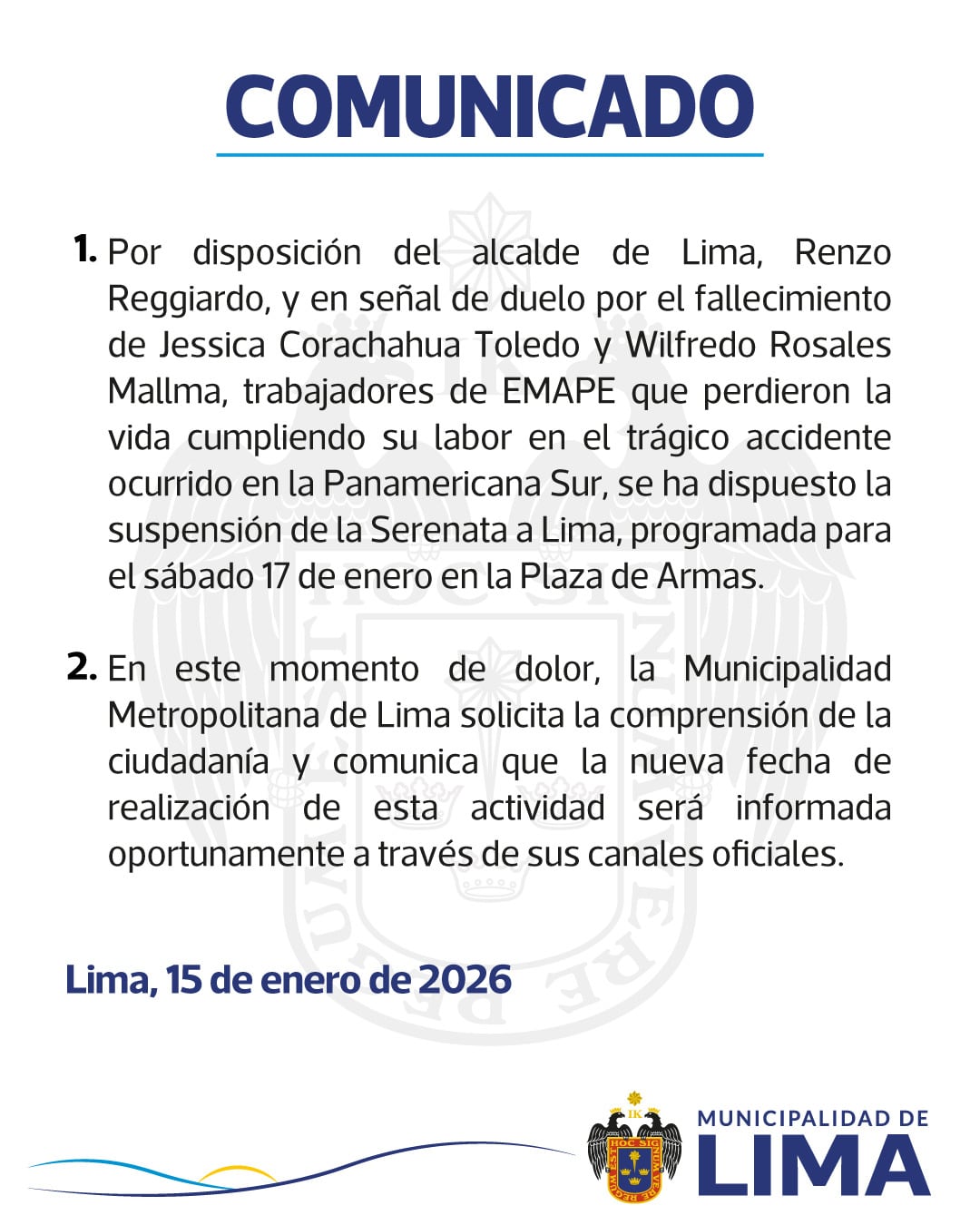 Municipalidad de Lima comunica la suspensión de la Serenata a Lima.