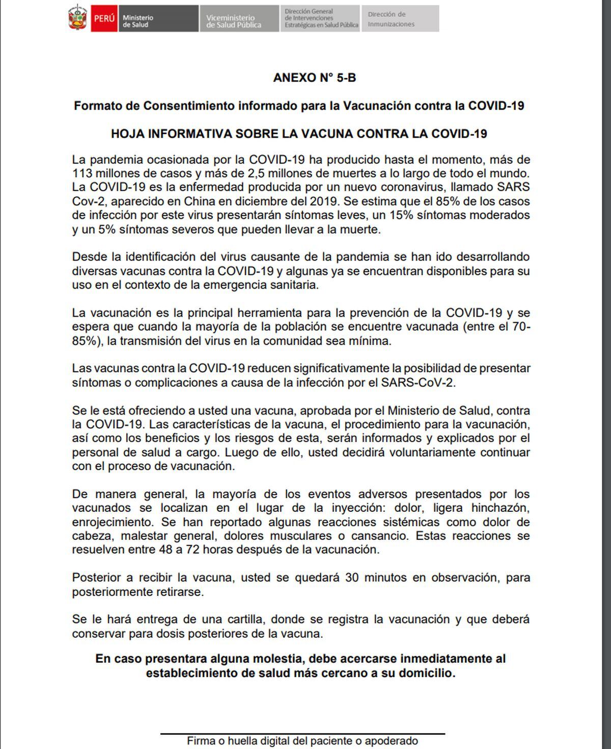 No olvides llevar el consentimiento informado el día de tu vacunación para hacer el proceso más rápido. (Foto: Minsa)