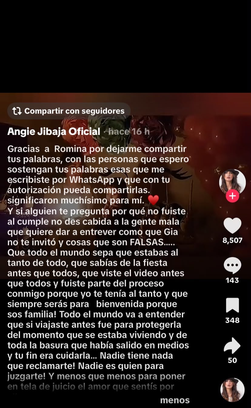 Angie Jibaja expone inesperado mensaje de Romina Gachoy.