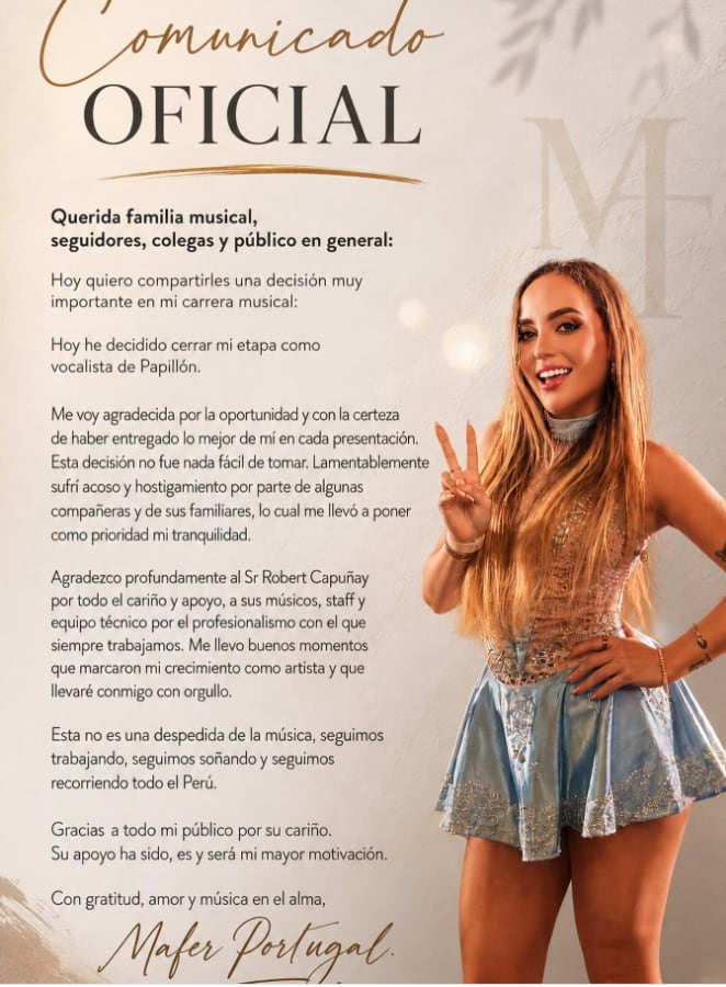 Mafer Portugal renuncia a la orquesta Papillón y denuncia acoso y hostigamiento de parte de algunas compañeras.