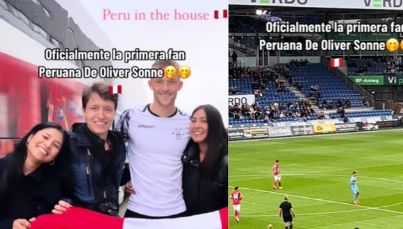 Isabel Abanto posa como fan ante Oliver Sonne y la bandera peruana.