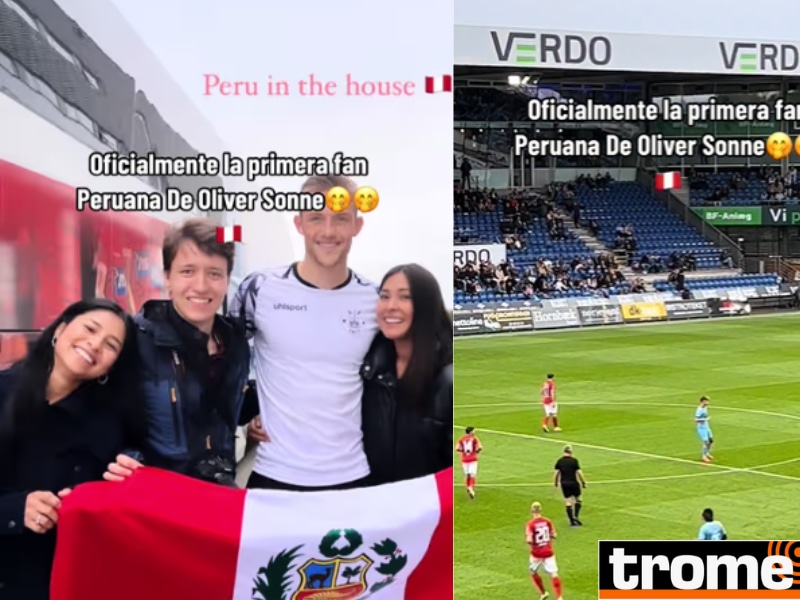 Isabel Abanto posa como fan ante Oliver Sonne y la bandera peruana.