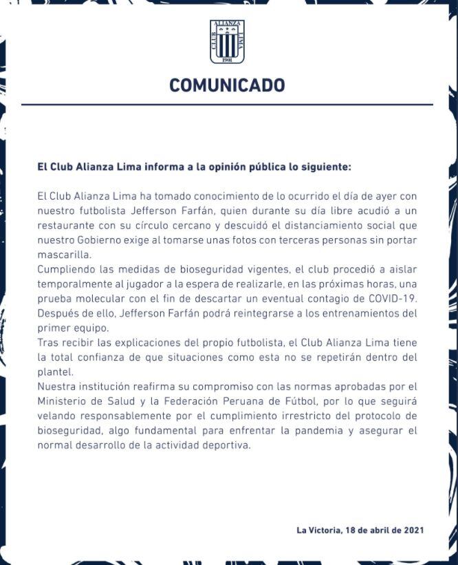 Alianza Lima: comunicado oficial sobre el caso de Jefferson Farfán (Foto: @ClubALoficial)