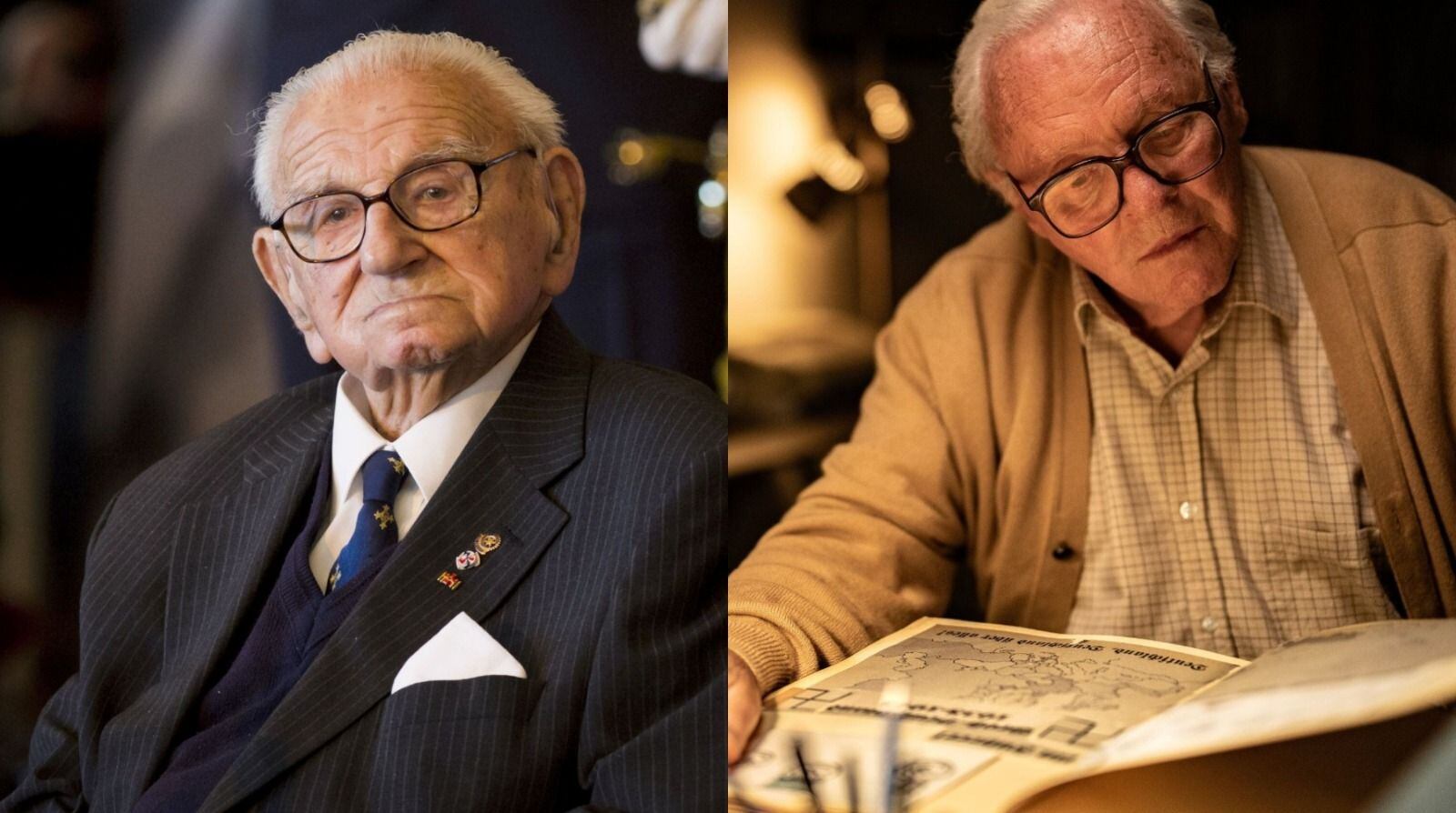 Izq.: el británico Nicholas Winton, quien rescató a casi 700 niños del Holocausto. Der.: Anthony Hopkins como Winton en la cinta "Lazos de vida". (Getty Images/Diamond Films)