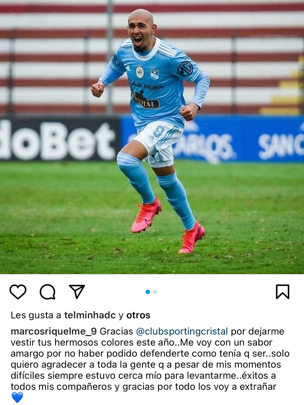 Marcos Riquelme se despide de cristal desde su cuenta de Instagram (Captura: @marcosriquelme_9)