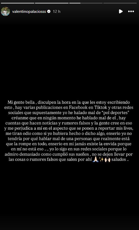 Tiktoker asegura que nunca criticó a Pol Deportes. (Instagram: @valentinopalaciosss)