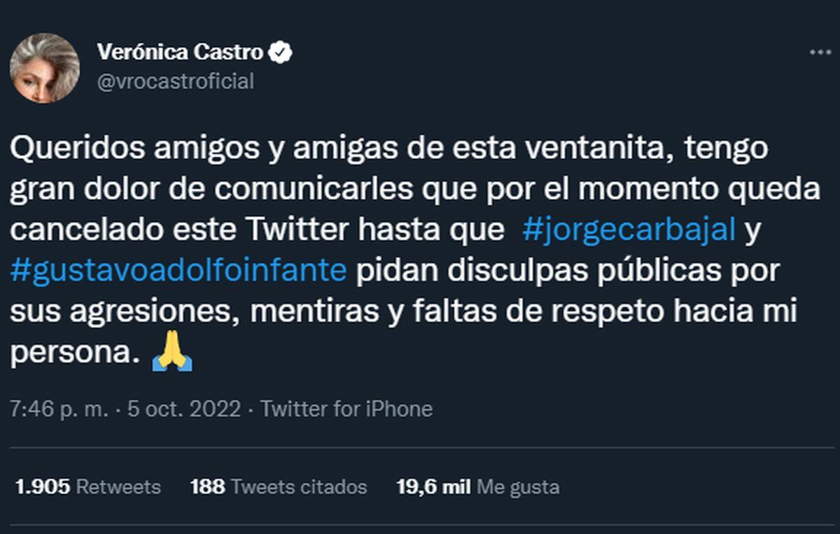 Castro anunció su medida; no obstante, la cuenta de Twitter sigue activa (Foto: Verónica Castro / Twitter)