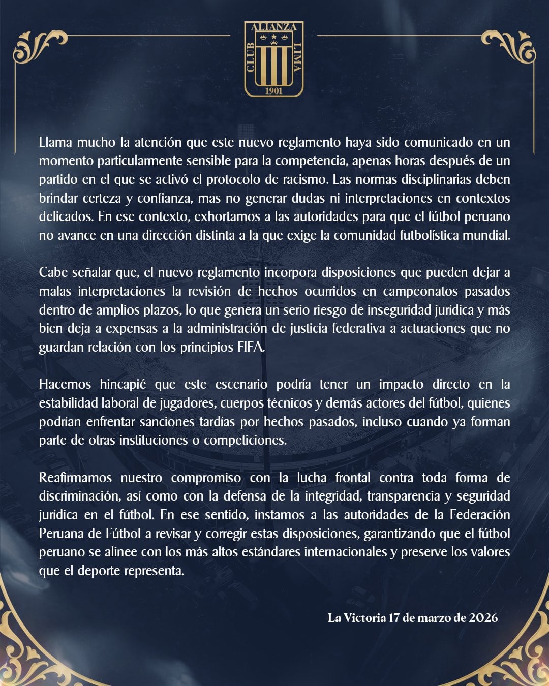 El comunicado de Alianza Lima cuestionando el nuevo Reglamento Único Disciplinario. (Imagen: Alianza Lima)