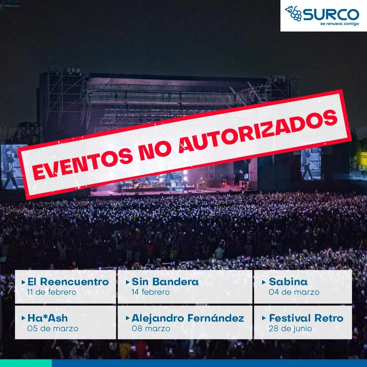 La lista de eventos sin autorización de la Municipalidad de Surco.