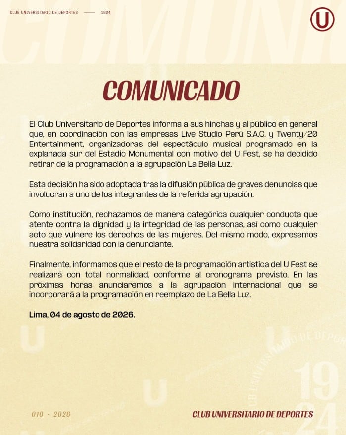 Comunicado de Universitario de Deportes tras denuncia contra director musical de La Bella Luz.