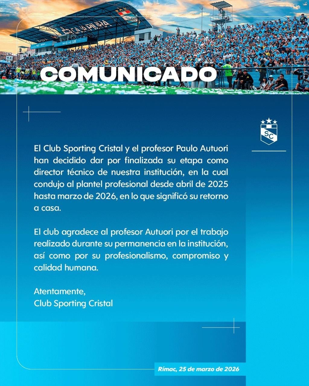 Comunicado oficial de la salida de Paulo Autuori de Sporting Cristal. (Foto: Sporting Cristal)