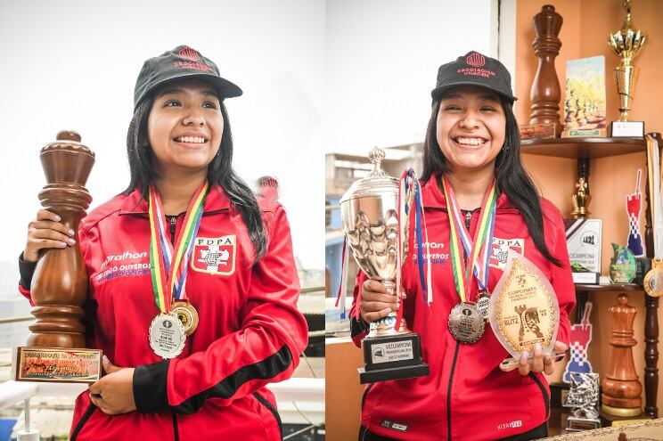 Kate Azumi, escolar de Villa María del Triunfo y campeona mundial de ajedrez, viajó a Grecia. Busca con el equipo peruano nuevas victorias. (Isabel Medina / Compos. Asoc, Unacem /Trome).