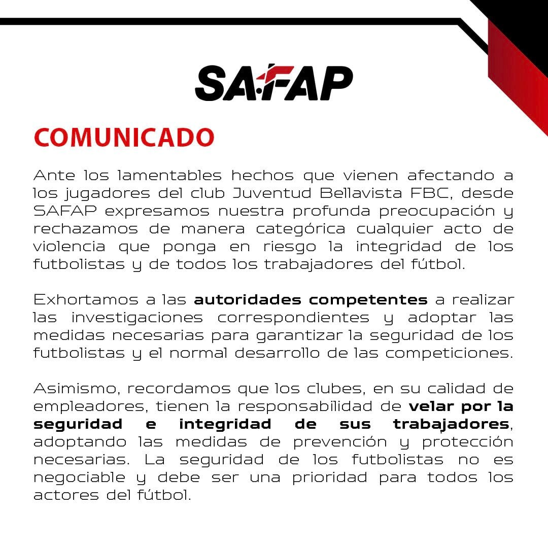 SAFAP pide garantías por amenazas a jugadores de Juventud Bellavista de Trujillo.