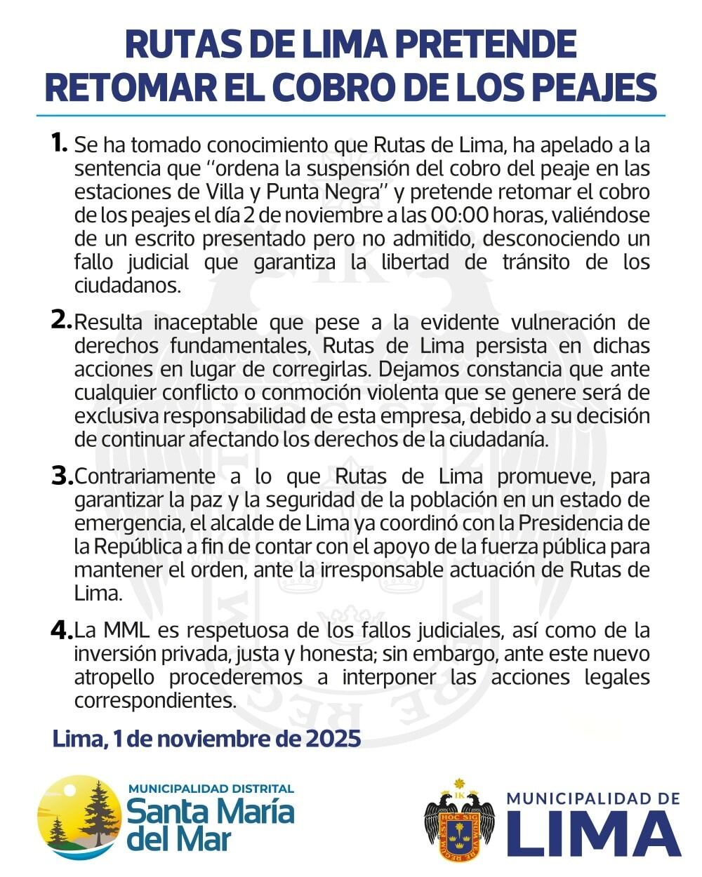 Pronunciamiento de la Municipalidad de Lima.