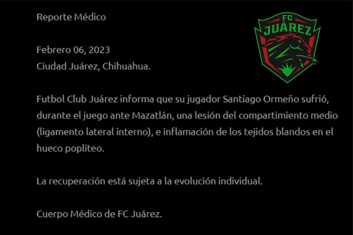Juárez FC compartió informe médico de Ormeño (Foto: @fcjuarezoficial)