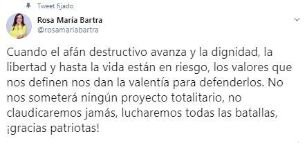 Rosa Bartra escribió en su cuenta de Twitter tras fracaso de Solidaridad Nacional en las Elecciones 2020. (Twitter)