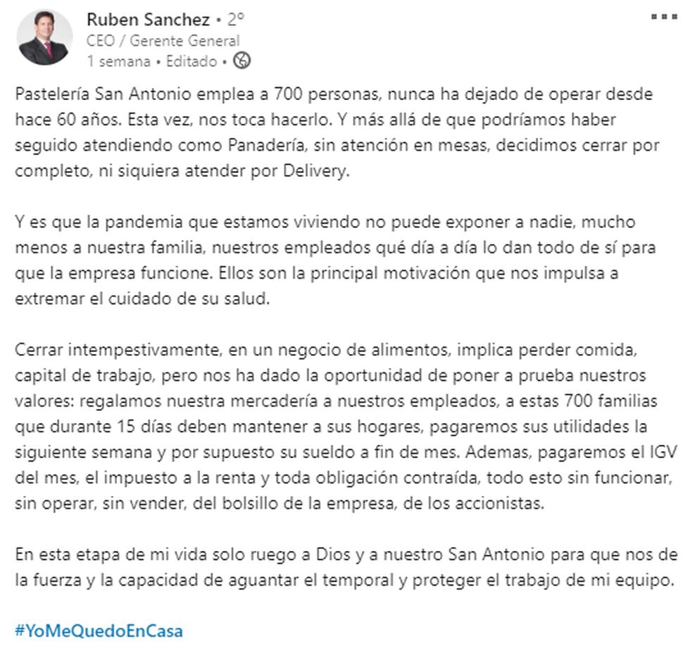 Rubén Sánchez, CEO de la Pastelería San Antonio. (Linkedin)