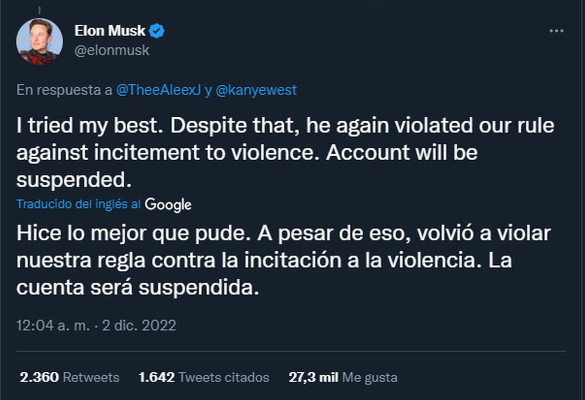El post de Musk señalando la clausura de la cuenta de "Ye" (Foto: Elon Musk / Twitter)