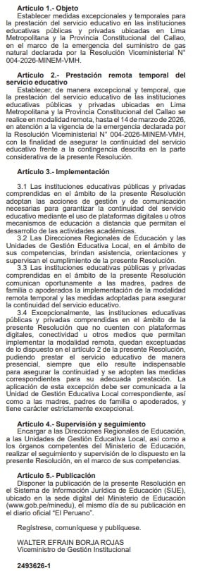 Resolución viceministerial que dispone clases virtuales en Lima y Callao. (Foto: El Peruano)