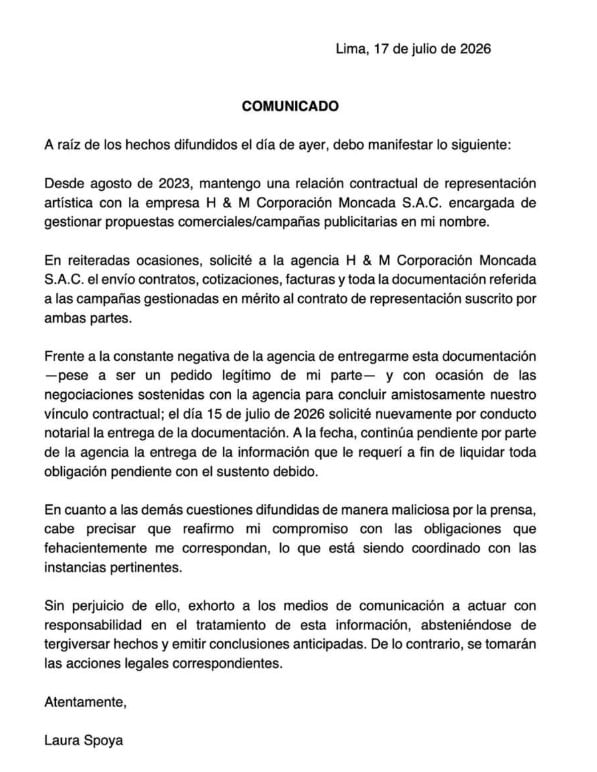 Comunicado de Laura Spoya.