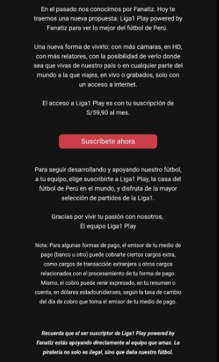 Liga 1 Play dejó de ser gratis y ahora cuesta 60 soles mensuales. Foto: Captura.